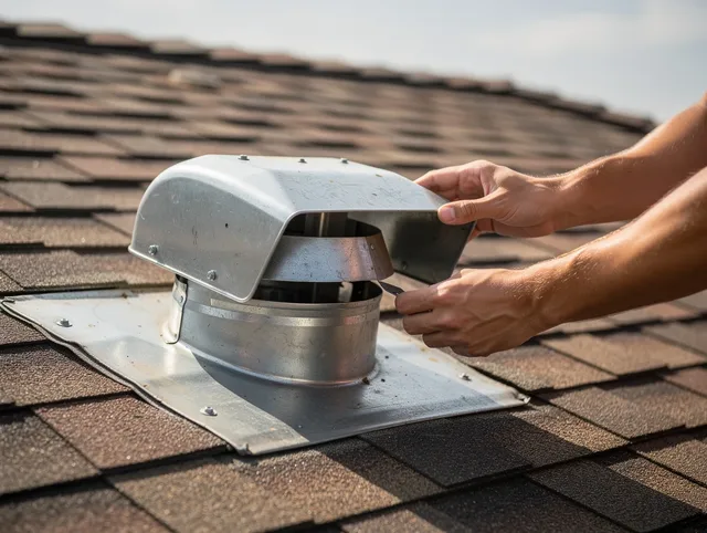 Branford Dryer Vent Cleaning certified technician safely cleaning a roof-mounted dryer vent in Branford