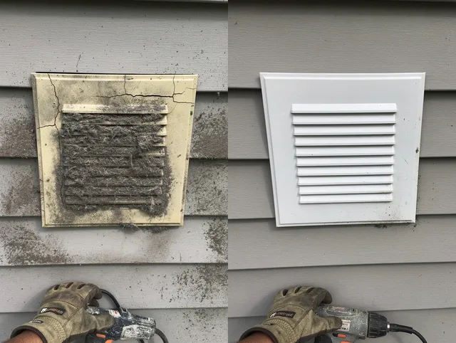 Branford Dryer Vent Cleaning technician installing high-quality dryer vent cover at a residential property in Branford